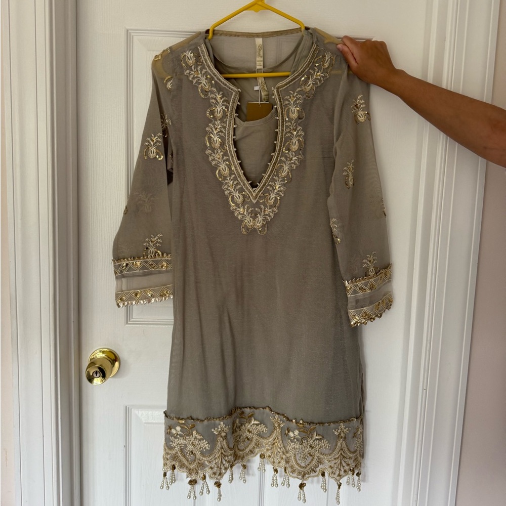 Ethnic pakistani grey and gold kurta with pearl accents